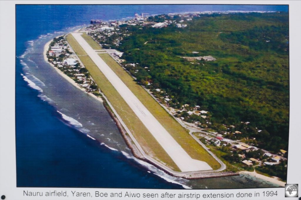 An aerial photo at the Nauru Museum, clearly shows the runway extension which protrudes out over the coral reef.