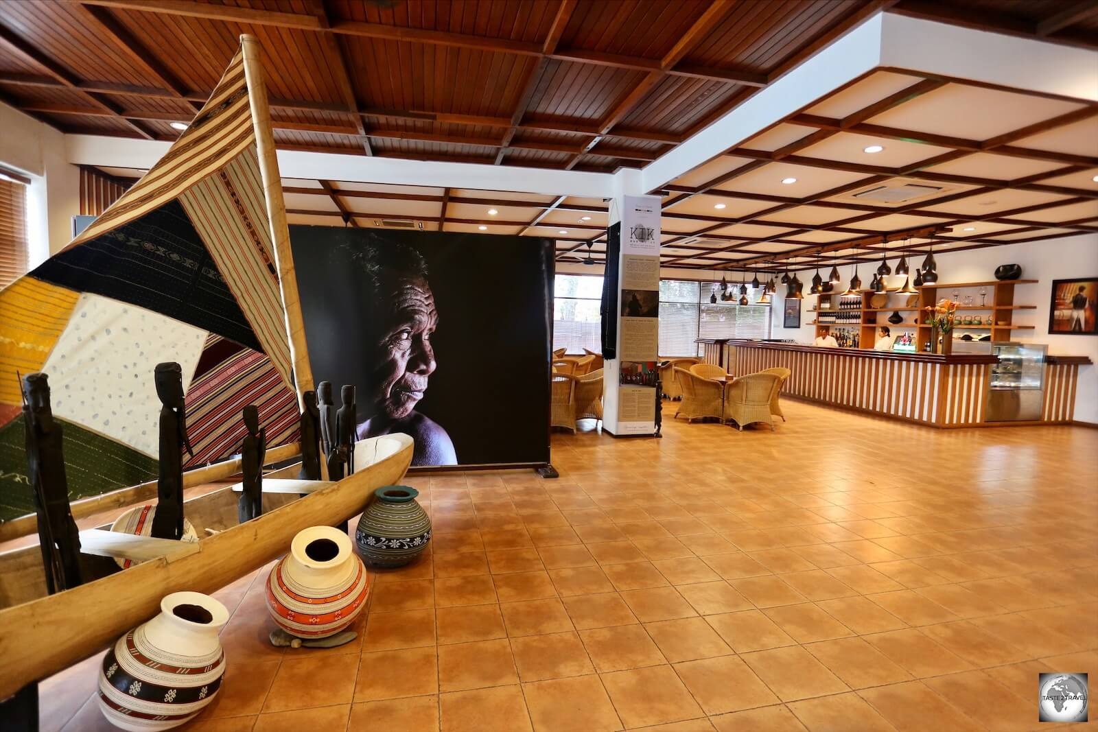 The cafe at the Hotel Timor is set in one corner of the up-market hotel lobby, which is less lobby and more art gallery.