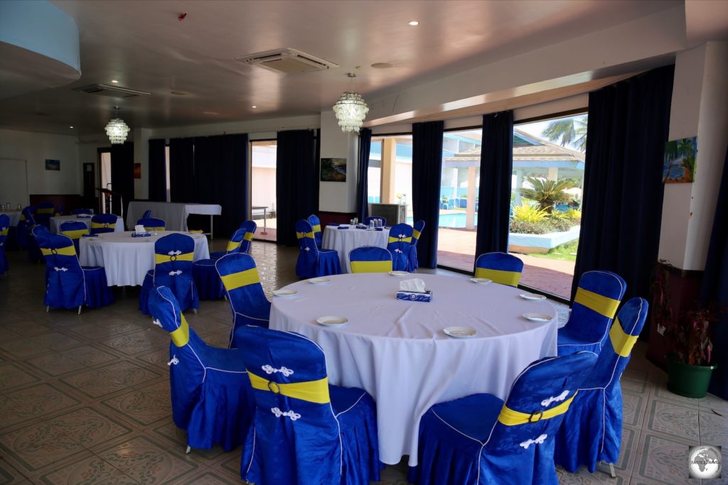 The dining room at the Anibare Restaurant where the chairs are covered in the national colours.