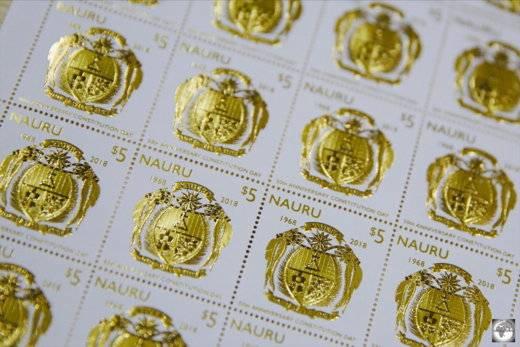 The gold leaf stamp, which was issued in 2018 to commemorate 50 years of Nauru Independence and marked the reopening of Nauru Post.