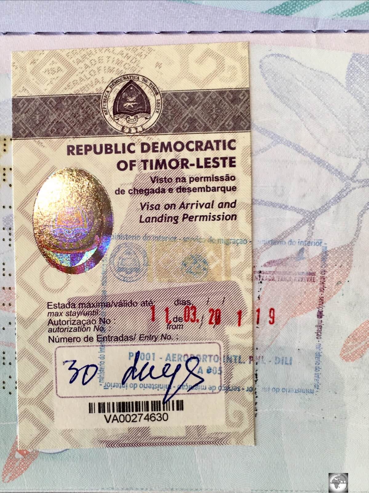 My visa which I purchased on arrival at Dili airport.