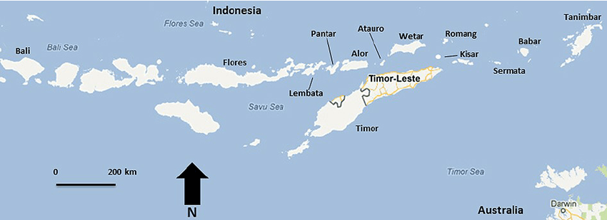 A map of the Lesser Sunda Islands, an Indonesian island chain, with independent Timor-Leste clearly indicated. Source: Wikipedia.