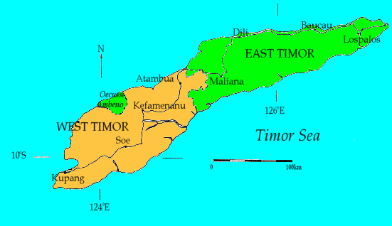 A political map of Timor showing the Indonesian province of West Timor, East Timor and the exclave of Oecusse. Source: Wikipedia.