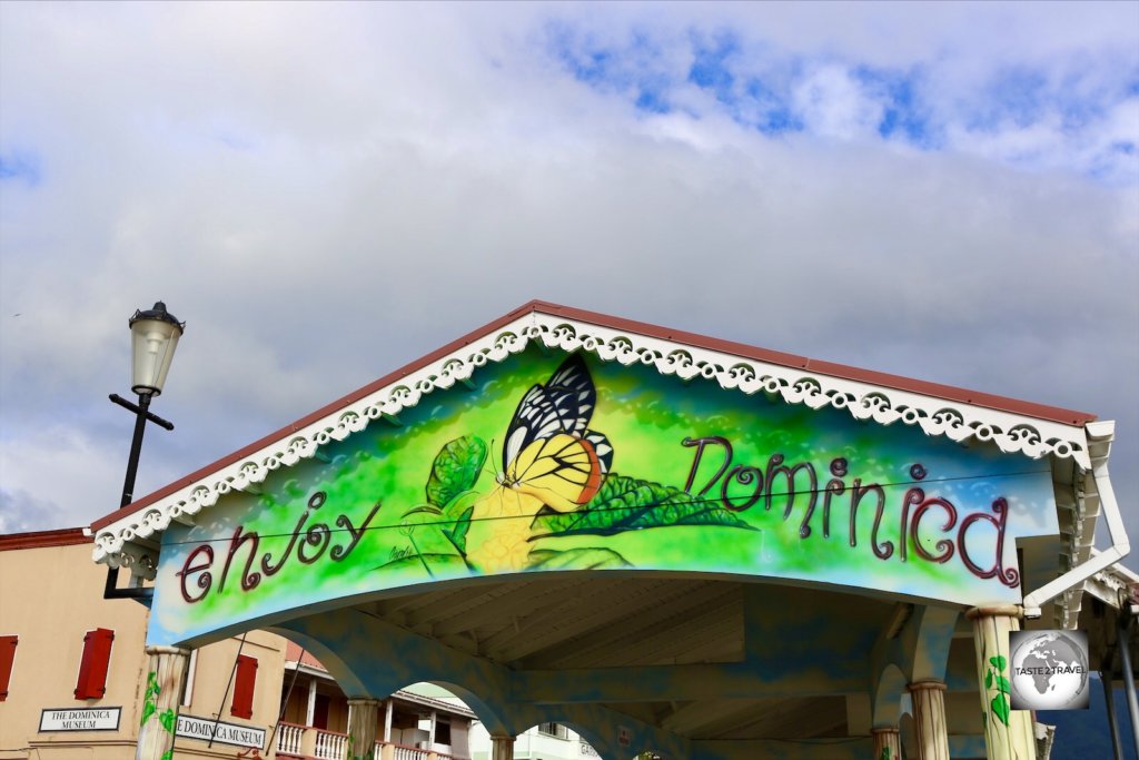 The welcome sign at Roseau Port, Dominica.