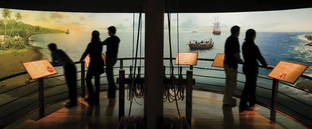 Inside Fletcher’s Mutiny Cyclorama, Norfolk Island. A 360° panoramic painting which depicts the story of the Mutiny on the Bounty and the Norfolk Island people.