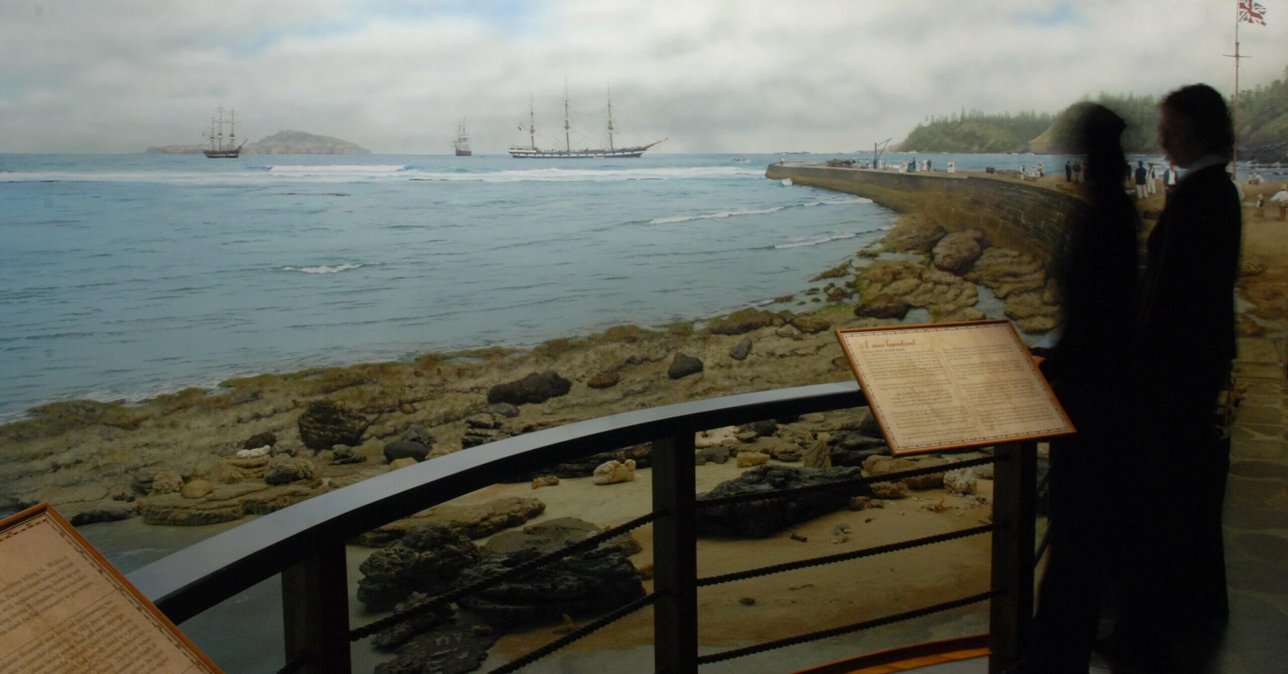 Inside Fletcher’s Mutiny Cyclorama, Norfolk Island. A 360° panoramic painting which depicts the story of the Mutiny on the Bounty and the Norfolk Island people.