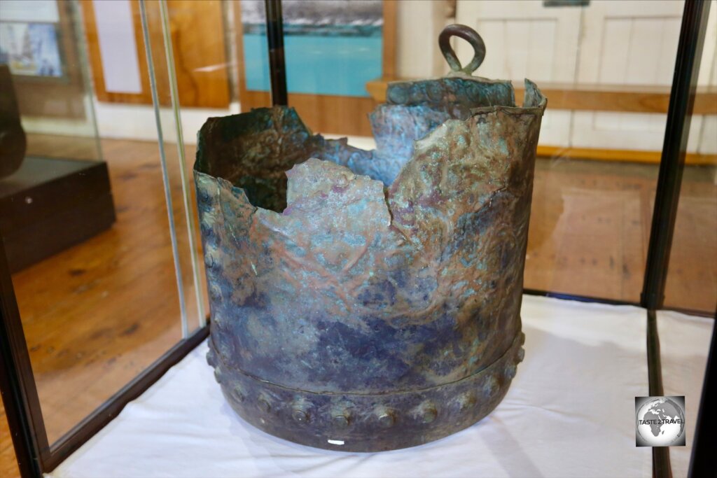 The original kettle from the HMS Bounty which was once used on Pitcairn Island and is now on display at the Norfolk Island museum.