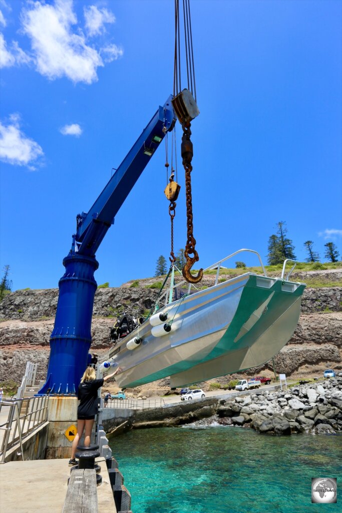 Our dive boat being hauled out of the water at Cascade pier.