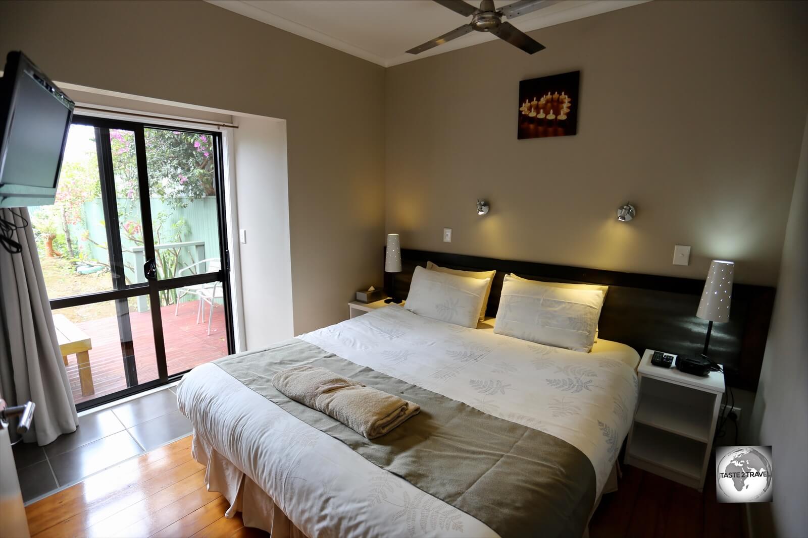 One of two bedrooms in my unit at the Cumberland Resort and Spa with a private garden and sitting area out the back.