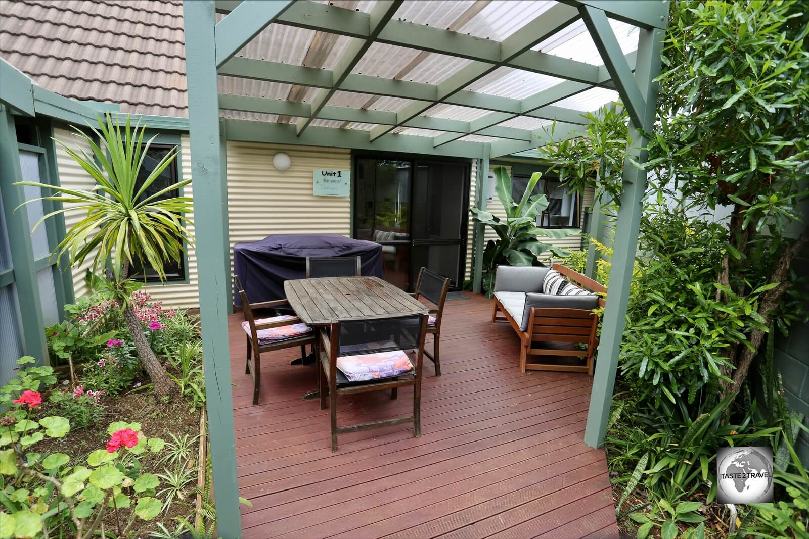 The outdoor area of my unit at the Cumberland Resort and Spa, which included a BBQ.