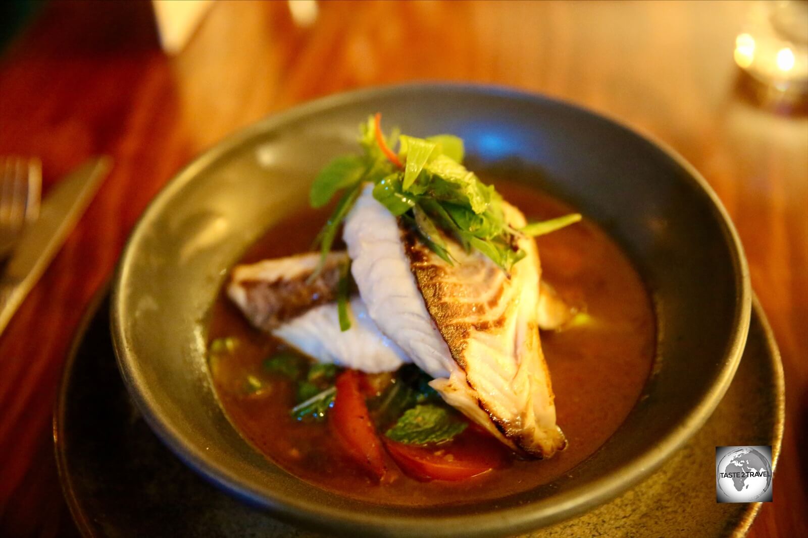 Norfolk Island Trumpeter fish served in a Thai curry sauce at The Homestead restaurant.
