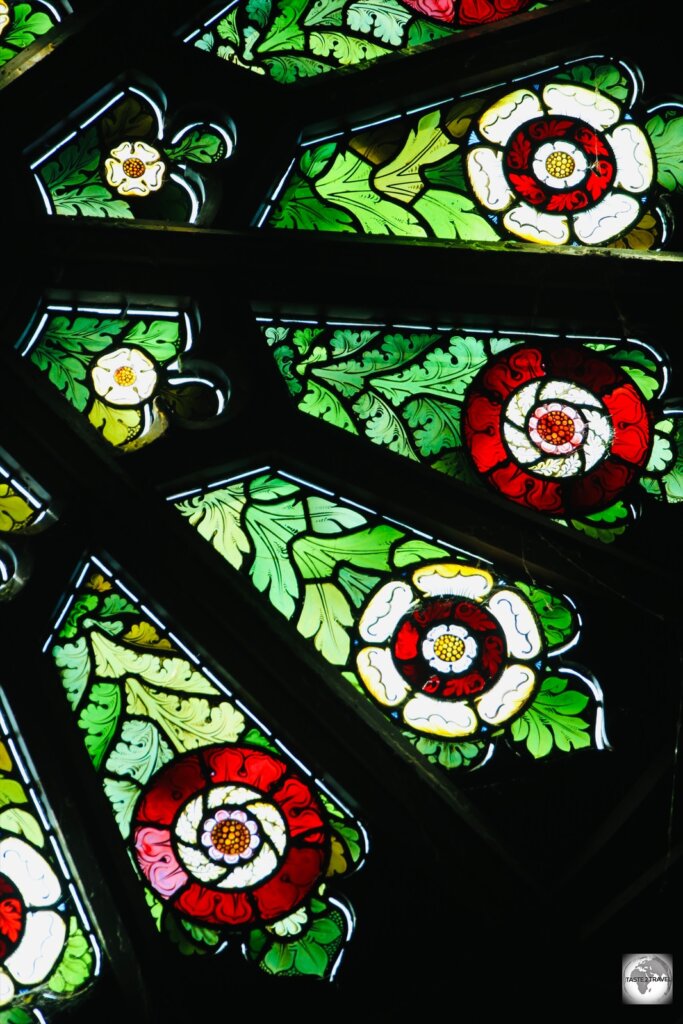 Part of the stained-glass rose window in St. Barnabas Chapel.