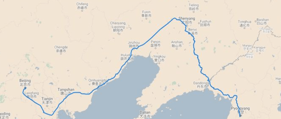 A map of the rail journey from Beijing to Pyongyang.