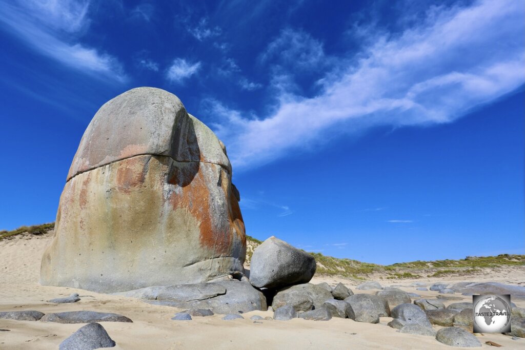 A view of Castle rock, an imposing, 10-metre high, monolith which lies on Marshall beach, on the west coast of Flinders Island.