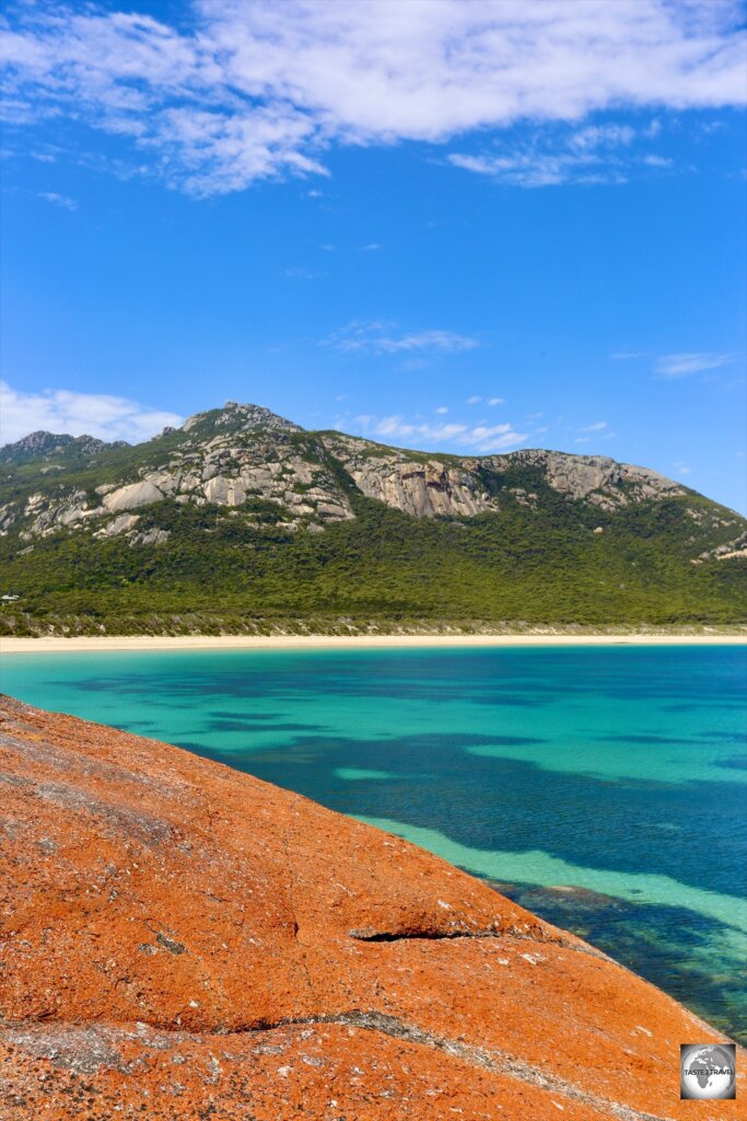 A view of Trousers Point Beach and the rounded granite peaks of the Strzelecki National Park on Flinders Island.