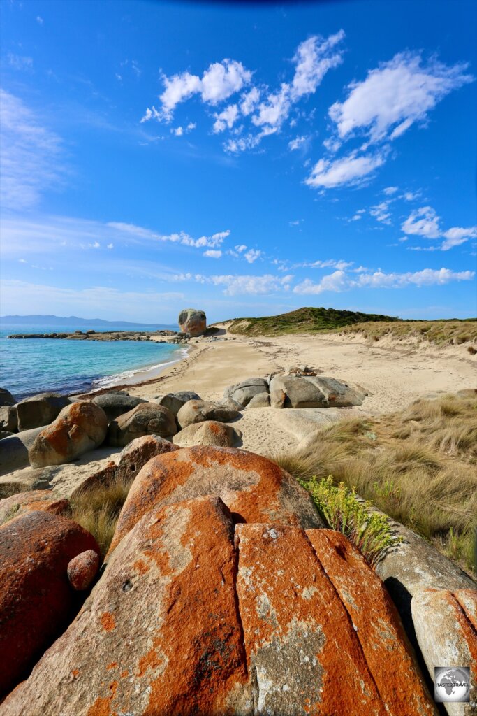 A view of Marshall beach and the towering Castle rock on Flinders Island.
