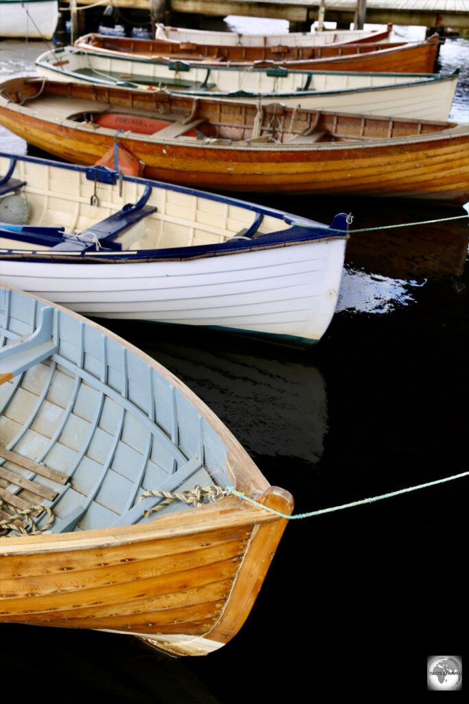 Hand-crafted timber boats at the Wooden Boat Centre in Franklin, a small town which lies on the banks of the Huon river, 45-km south of Hobart.