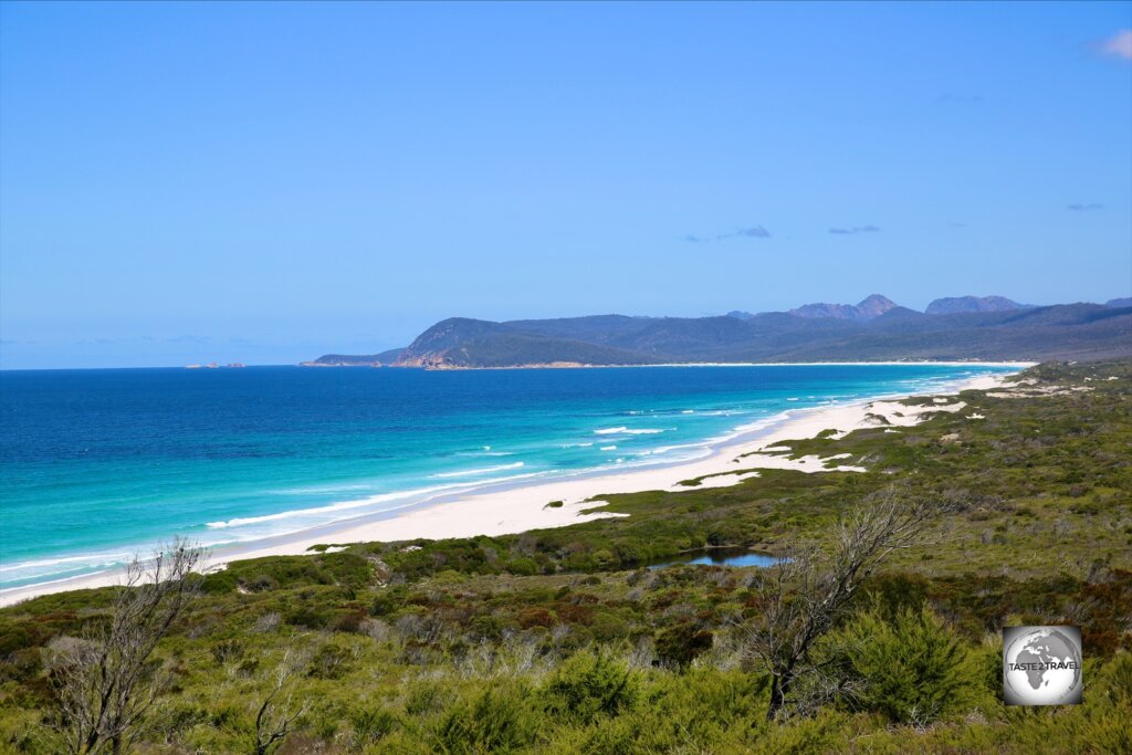 A panoramic view of the pristine and remote white-sand Friendly Beaches in the Freycinet national park.