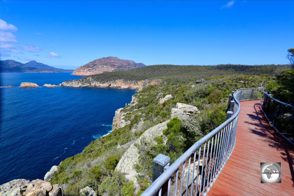 The boardwalk at the Cape Tourville lighthouse and lookout offers panoramic views of the east coast in the Freycinet national park.