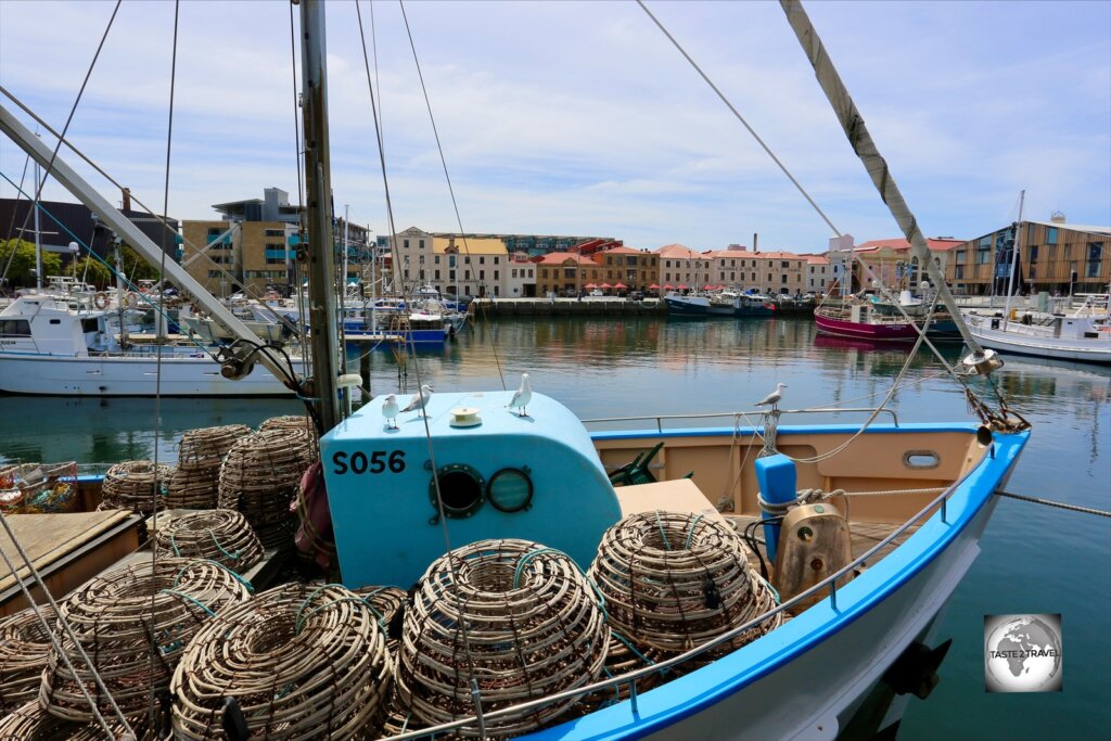Lobster pots on a fishing boat in Hobart harbour.