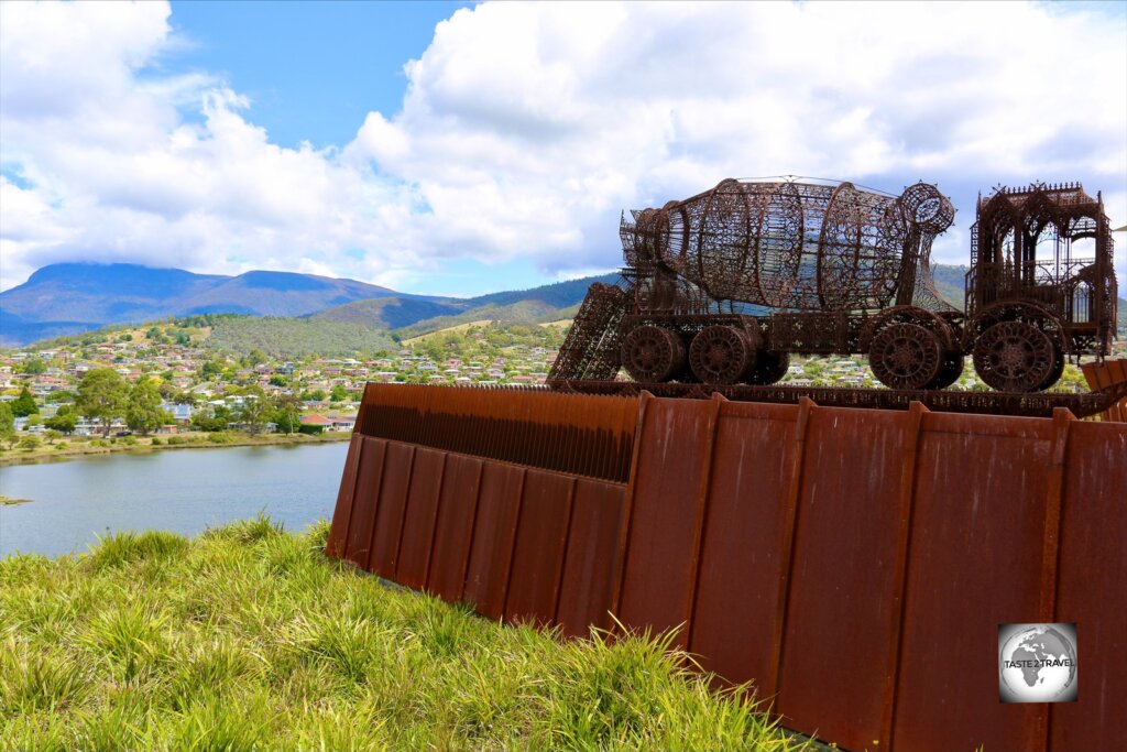A view of the gardens and artwork at MONA.