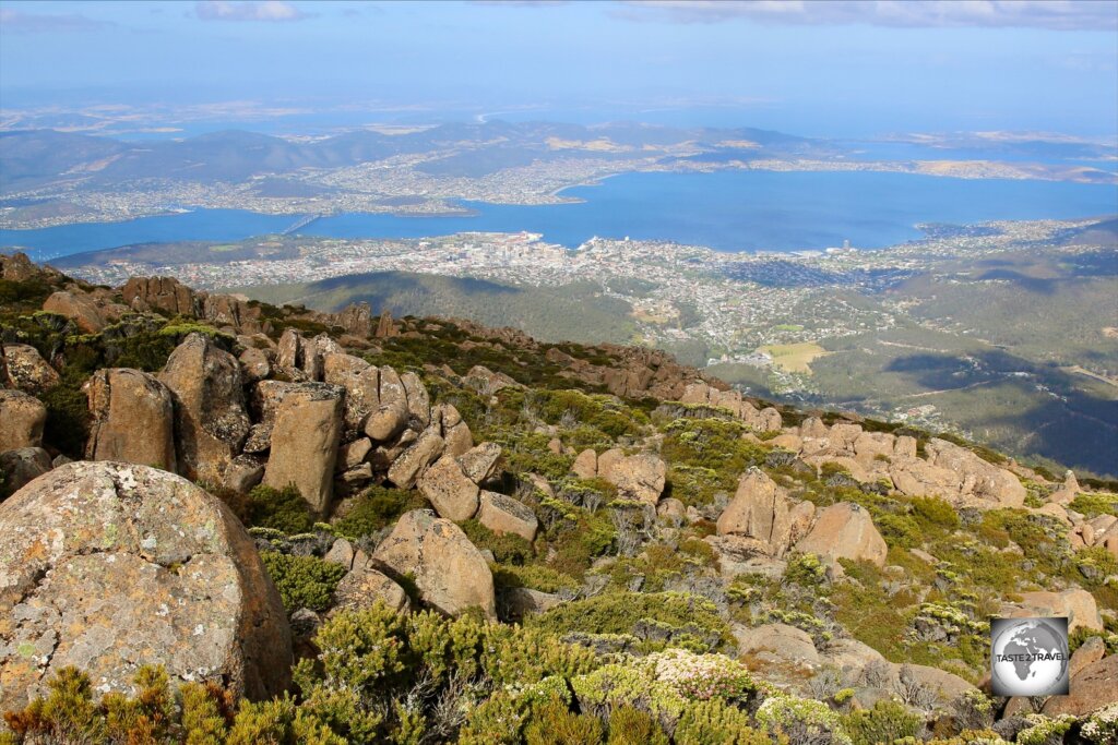 A view of Hobart from the summit of Mount Wellington which lies 1,271 metres (4,169 ft) above sea level.