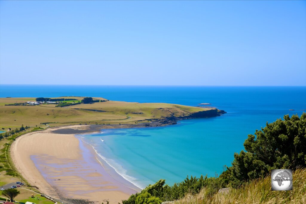 A view of Godfreys beach from The Nut, an exposed volcanic plug which looms over the north coast town of Stanley.