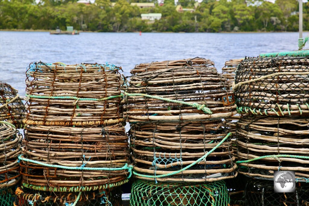 Lobster pots on a fishing boat in Strahan harbour.