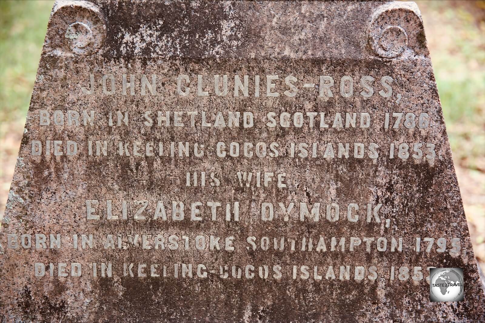 The gravestone for John-Clunies Ross, which is located in the garden at Oceania House.