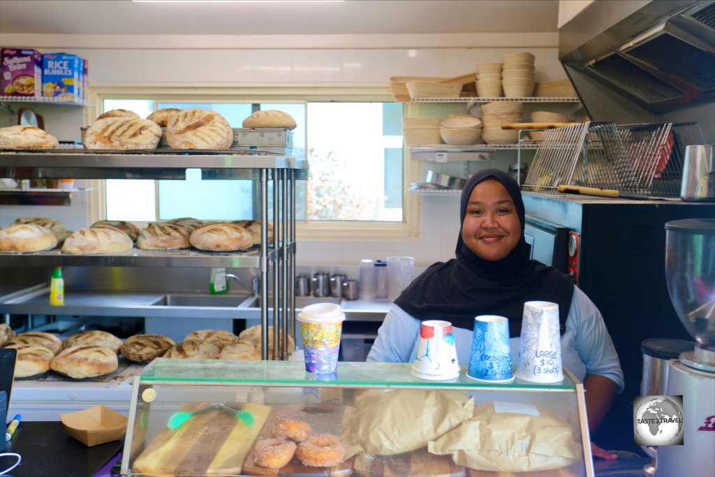 The smiling Barista at Salty's Grill and Bakery on West Island.