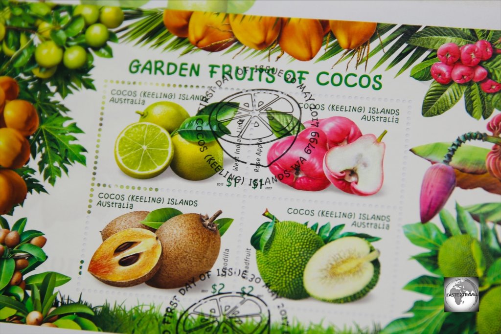 The 'Garden Fruits of Cocos' stamp issue shows four exotic fruits which have been introduced to the islands.