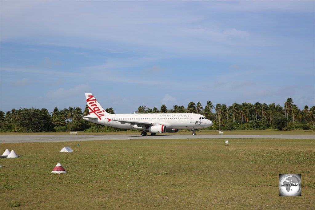 A Virgin Airlines flight arriving on Cocos (Keeling) Islands.