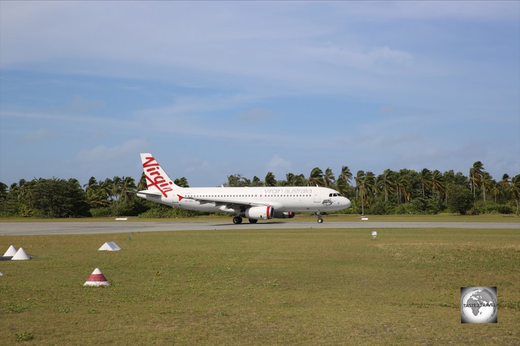 A Virgin Airlines flight arriving on Cocos (Keeling) Islands.