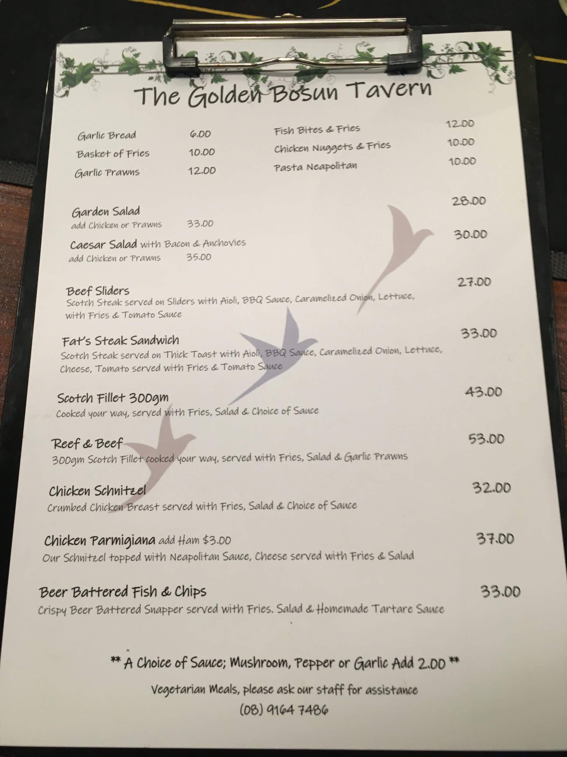 Menu prices on Christmas Island, such as these at the Golden Bosun pub, can be shocking!