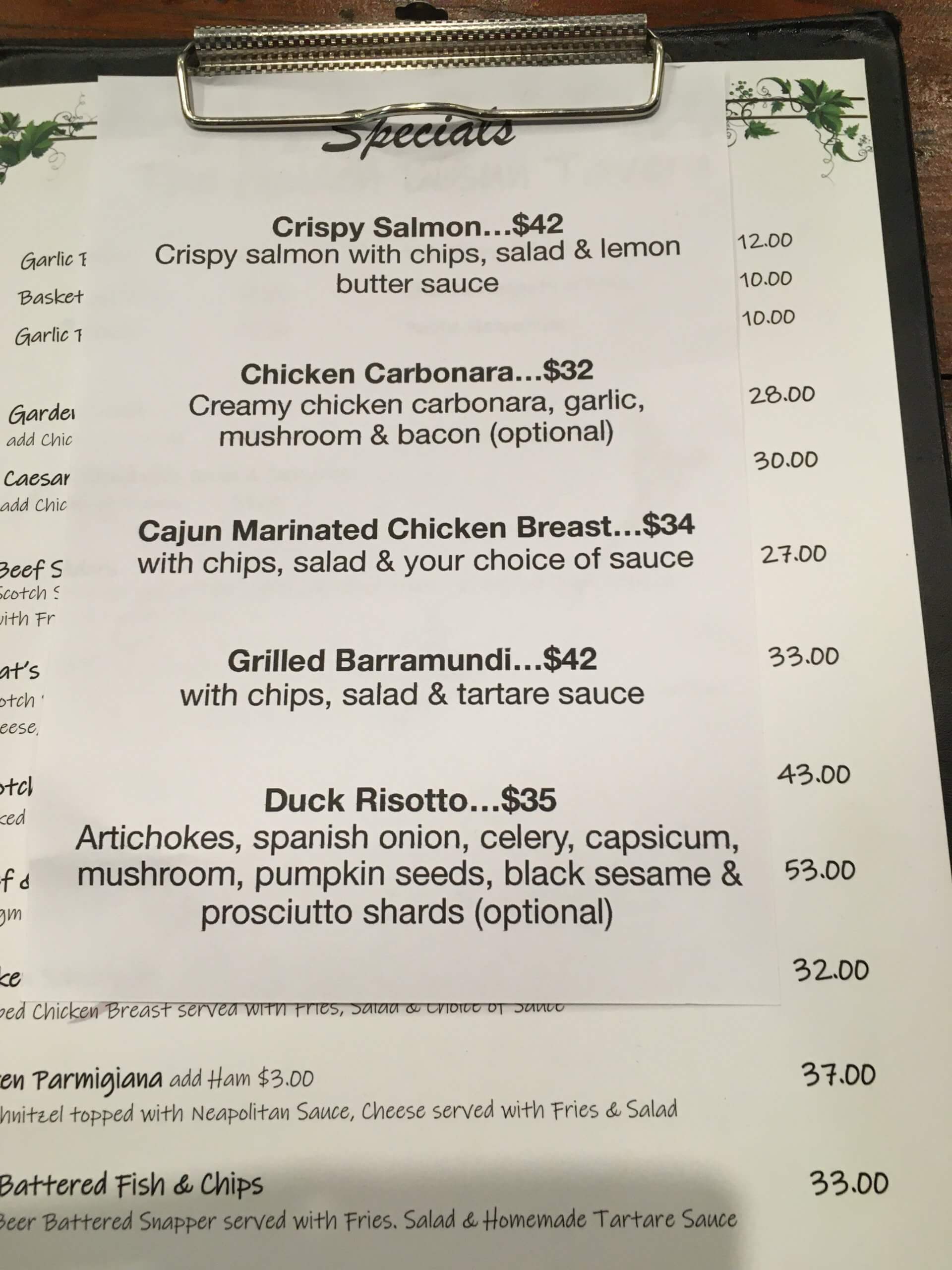<i>Salmon with chips and salad</i> costs A$42 at the Golden Bosun pub on Christmas Island.