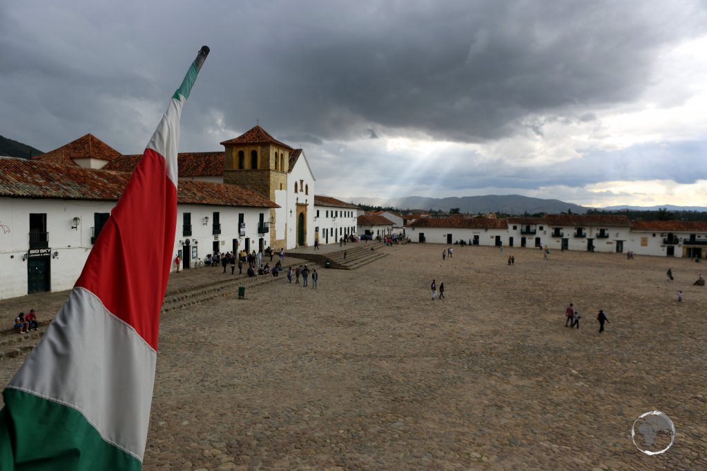 A view of the cobblestoned Plaza Mayor, the main square of Villa de Leyva, which at 14,000 square metres, is the largest square in Colombia.
