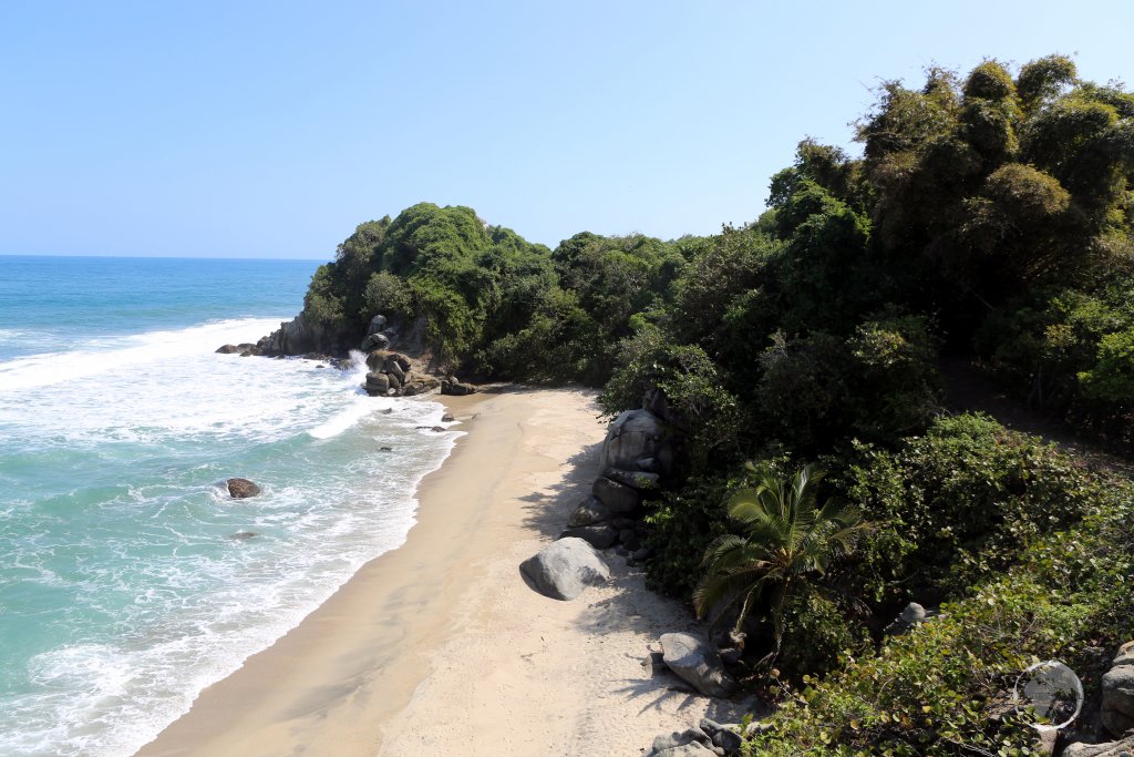 A view of a beach and the Caribbean Sea in the 'Parque Nacional Natural Tayrona' (Tayrona National Natural Park) in northern Colombia.