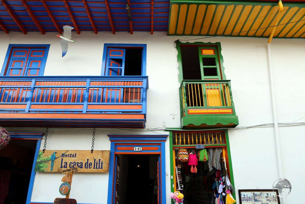 Colourful shops line Calle Real (Royal street), the main street of Salento, which lies in the heart of Colombia's coffee-producing region ,known as the 'Zona Cafeteria'.