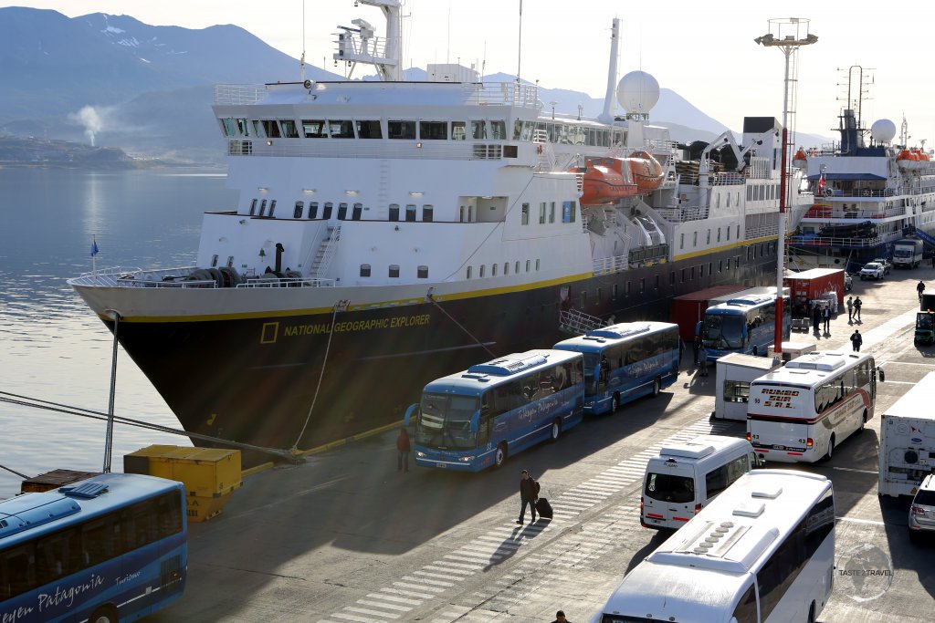 A view of the "MV National Geographic Explorer", one of the many Antarctic expedition ships which depart for Antarctica from Ushuaia.