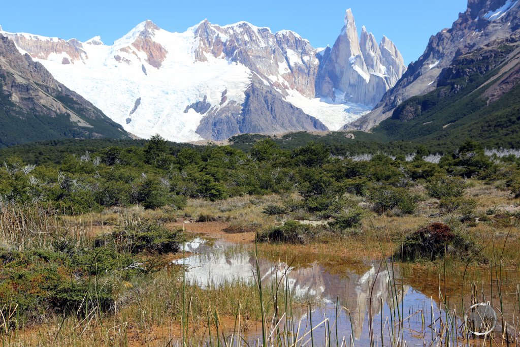 A panorama of Monte Fitz Roy in the Los Glaciares National Park, near the Patagonian town of El Chaltén, Argentina.