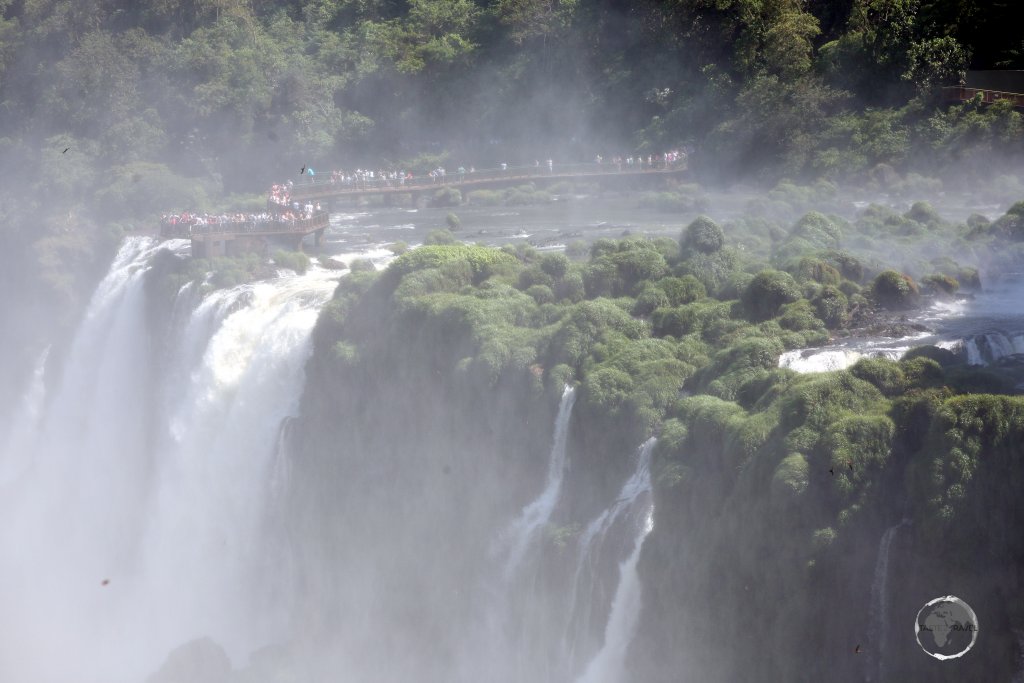 A view from the Argentine side, across to the Brazilian side, of Iguazú Falls.