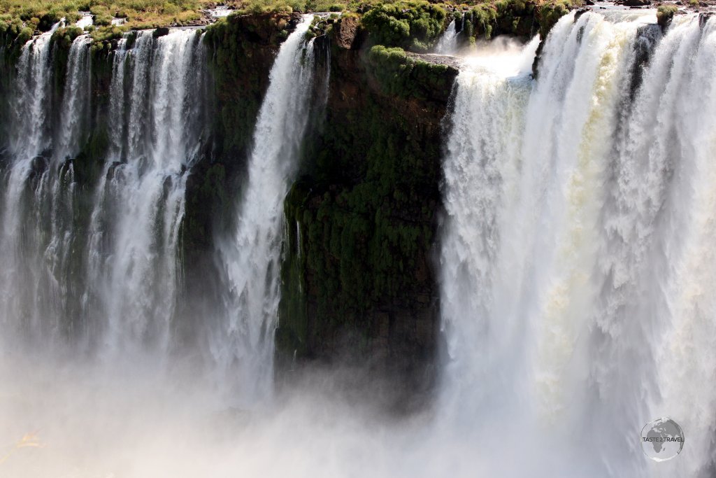 Iguazú Falls consist of a two-step waterfall formed by three layers of basalt.