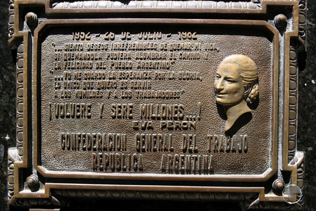 Eva "Evita" Peron served as Argentina's First Lady for six years until she died at the age of 33. Buried in her family mausoleum, Evita's tomb is a highlight of Buenos Aires' Recoleta Cemetery.