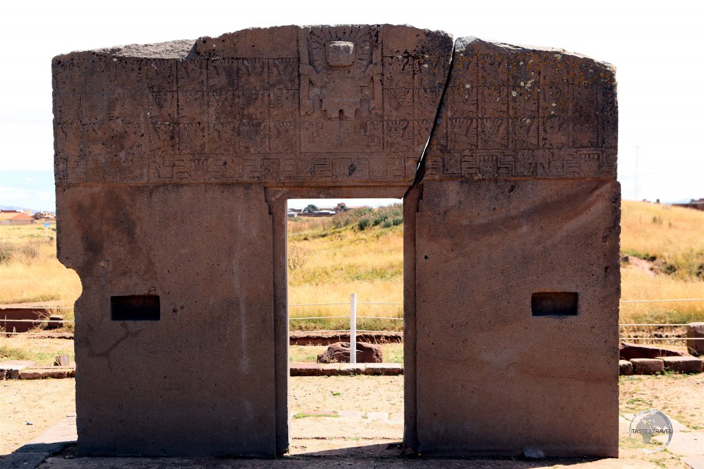 A highlight of Tiwanaku, the 'Gate of the Sun' is approximately 9.8 ft (3.0 m) tall and 13 ft (4.0 m) wide, and was carved from a single piece of stone, which has since split. Its weight is estimated to be 10 tons.