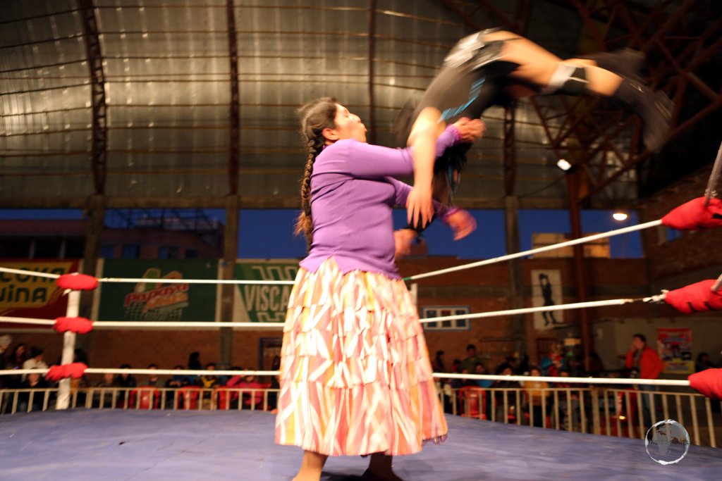Despite their plump physiques, the Cholitas are very athletic in the ring, performing suplexes, body slams and high-flying acrobatic manoeuvres.