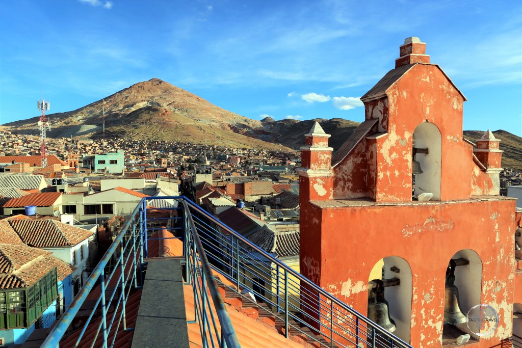 View of Cerro Rico from San Lorenzo Church in Potosi, Bolivia. Otherwise known as the mountain that eats men, close to 8 million miners have been killed inside Cerro Rico.