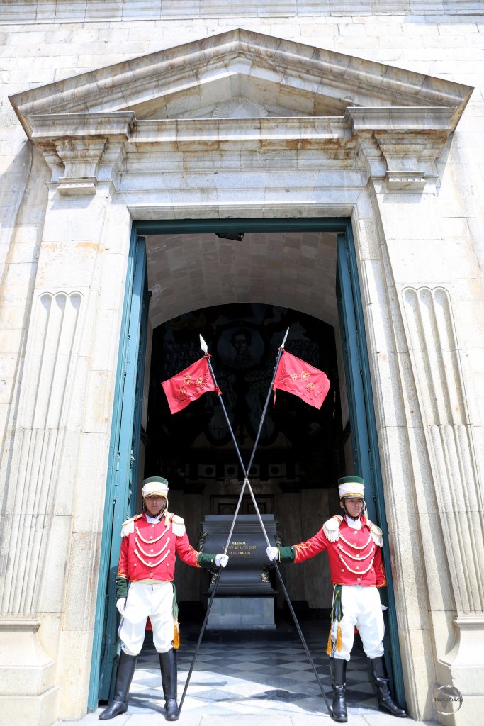 Guards at the main entrance to the Palacio Quemado, the official Palace of Government in La Paz, Bolivia.