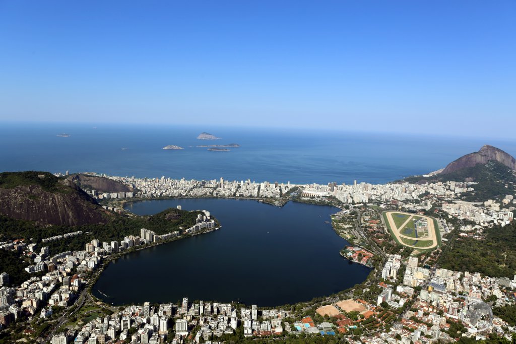 A panoramic view of the coastal suburbs of Leblon and Ipanema and the Rio Jockey Club track from the 'Christ the Redeemer' statue on Corcovado mountain.