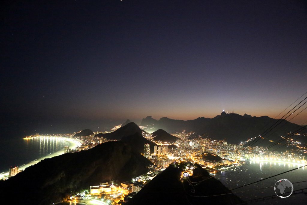 An evening view of Rio de Janeiro from Sugarloaf Mountain, a peak which rises 396 metres above Rio de Janeiro harbour.