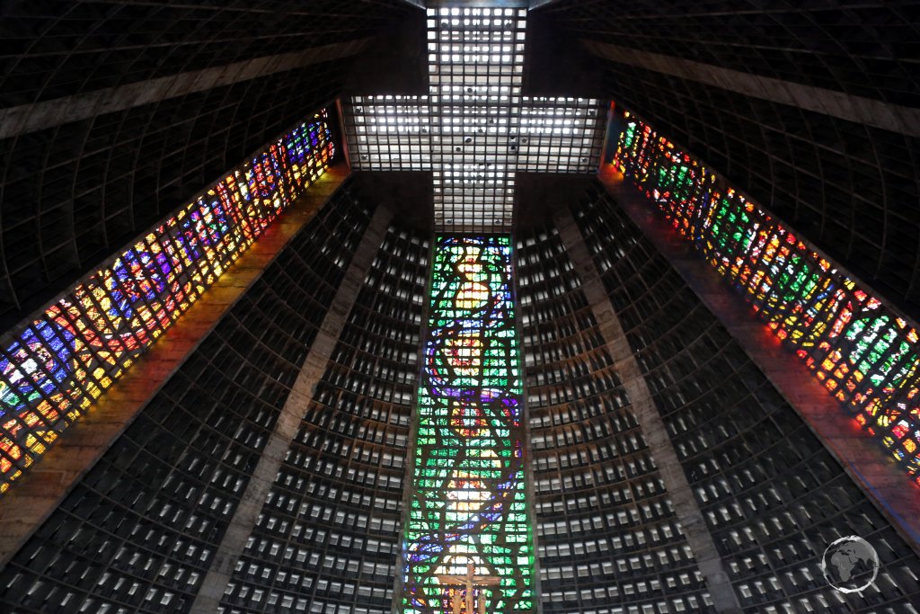The 64 metre high stained glass windows of Cathedral São Sebastião are positioned according to the cardinal points.